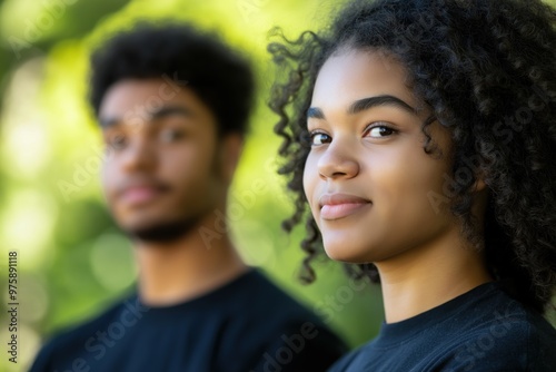 A close-up portrait of a young black couple wearing casual t-shirts, with a blurred background.