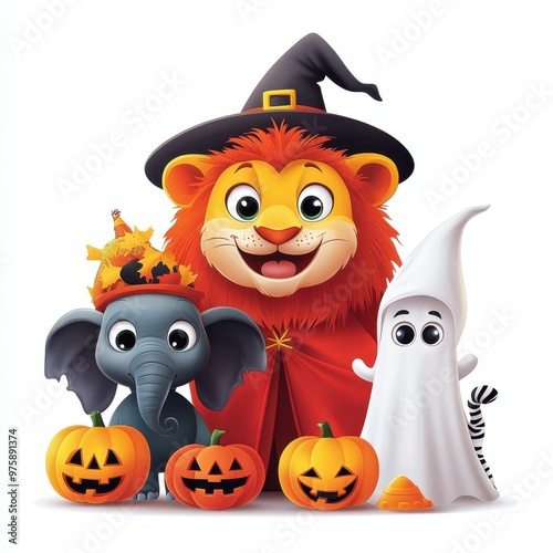 Cute Cartoon Halloween Animals With Pumpkins photo