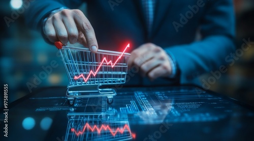 An innovative businessman analyzing market trends with a digital shopping cart while highlighting upward growth in a modern office setting during the evening photo