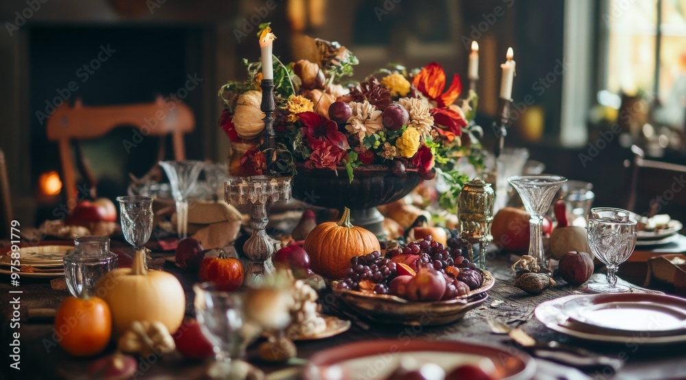 A beautifully arranged harvest feast with autumnal fruits, vibrant flowers, and candlelight creating a warm, inviting atmosphere for a festive gathering during the season of gratitude A beautifully arranged harvest feast with autumnal fruits, vibrant flowers, and candlelight creating a warm, inviting atmosphere for a festive gathering during the season of gratitude