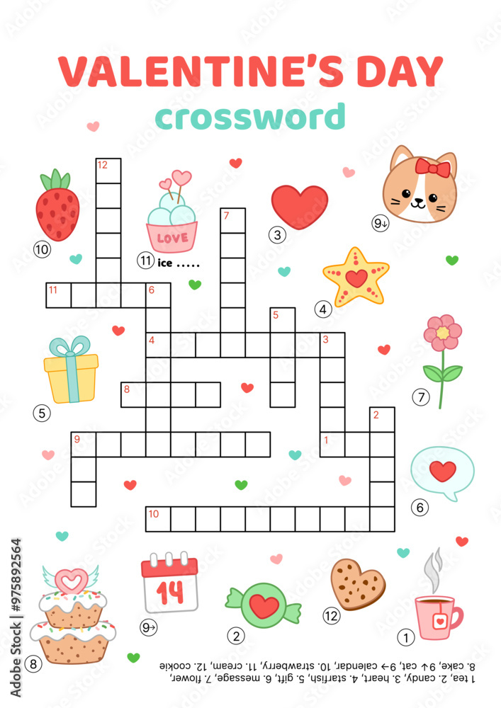 Crossword. Valentines day. English words. Educational puzzle game for kids. Cartoon, vector Crossword. Valentines day. English words. Educational puzzle game for kids. Cartoon, vector
