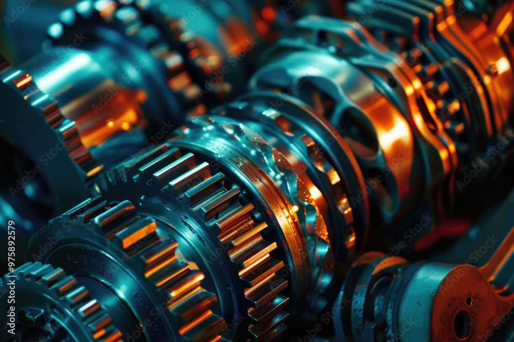 Intricate machinery gears are bathed in blue and orange light, showcasing their detailed design and craftsmanship within an industrial setting Intricate machinery gears are bathed in blue and orange light, showcasing their detailed design and craftsmanship within an industrial setting