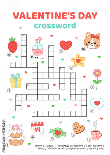 Crossword. Valentines day. English words. Educational puzzle game for kids. Cartoon, vector