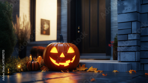 A glowing, smiling pumpkin sitting on a sleek, modern doorstep with contemporary Halloween decor, happy pumpkin, modern style