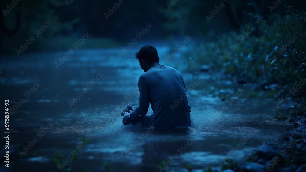 A man is sitting in a river, looking at the camera A man is sitting in a river, looking at the camera
