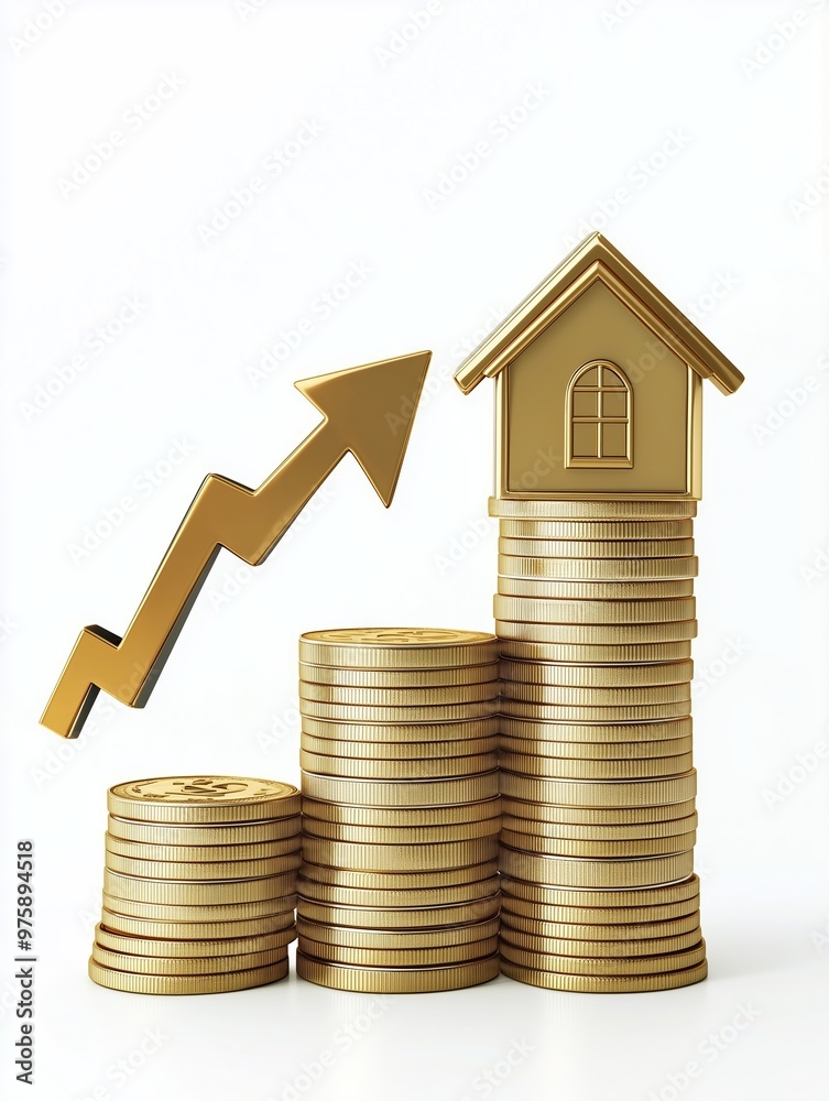 A small house icon placed on top of an increasing stack of coins with an upward arrow. A small house icon placed on top of an increasing stack of coins with an upward arrow.