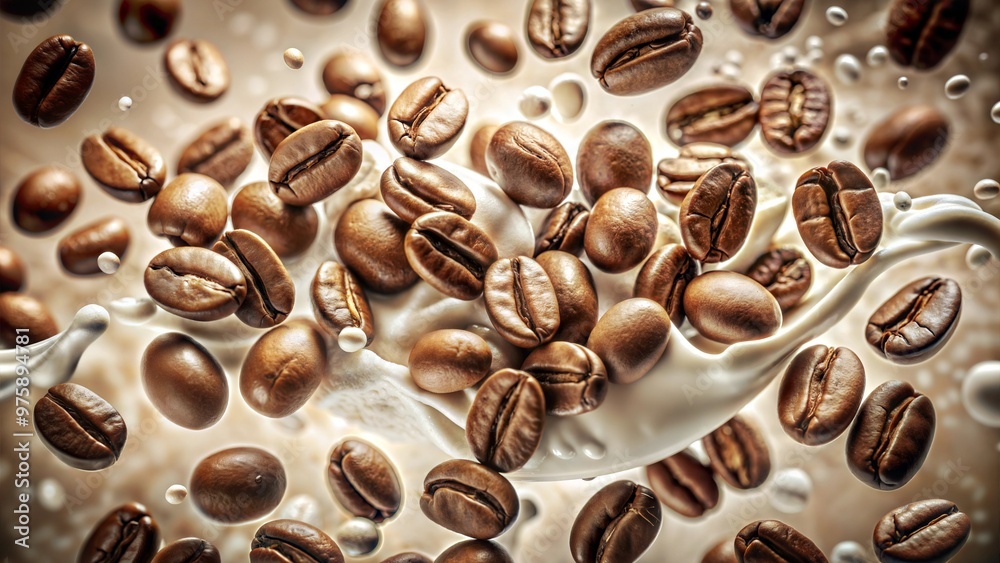 Coffee beans splashing into creamy milk with dynamic motion Coffee beans splashing into creamy milk with dynamic motion