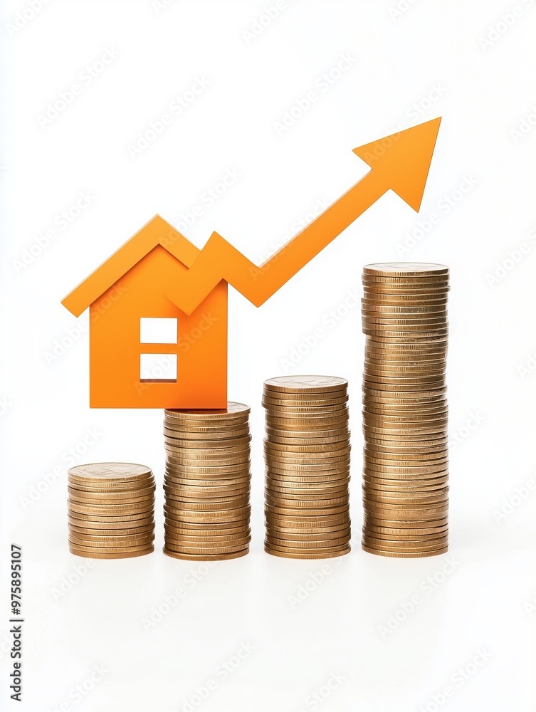 A small house icon placed on top of an increasing stack of coins with an upward arrow. A small house icon placed on top of an increasing stack of coins with an upward arrow.
