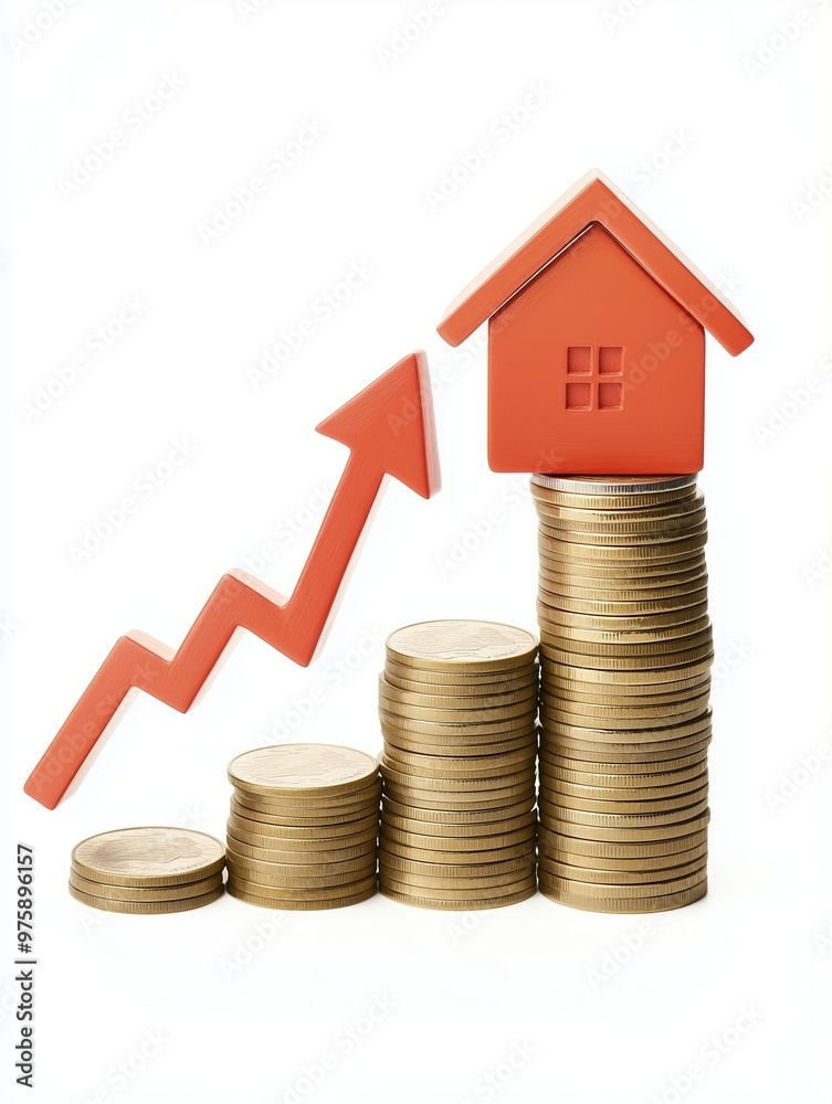 A small house icon placed on top of an increasing stack of coins with an upward arrow. A small house icon placed on top of an increasing stack of coins with an upward arrow.