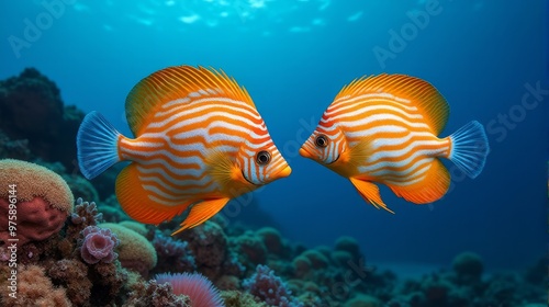 Vibrant Orange Discus Fish Swimming Near a Coral Reef, In Deep Blue Ocean Water