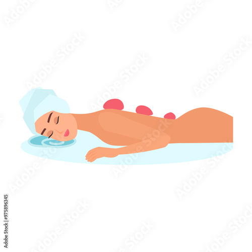 Vector illustration of a woman receiving a hot stone massage, symbolizing relaxation and therapeutic treatment.