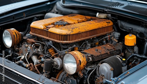 A vintage car engine showcasing rustic details and textures, highlighting the beauty of automotive design and mechanical craftsmanship.