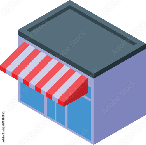 Small business building with striped awning isometric icon is showing a cute little shop