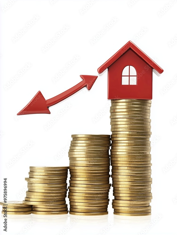 A small house icon placed on top of an increasing stack of coins with an upward arrow. A small house icon placed on top of an increasing stack of coins with an upward arrow.