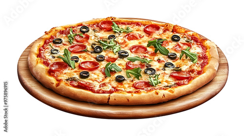 Delicious Pizza on wood plate isolated on transparent background