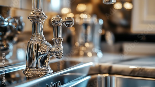 Close-up of a Polished Chrome Kitchen Faucet photo