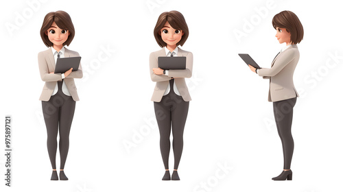 Set of 3d cartoon Standing with happy smile of young businesswoman isolated on transparent background