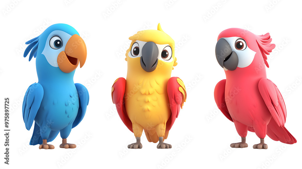 Set of 3D cute happy cartoon parrot isolated on transparent background Set of 3D cute happy cartoon parrot isolated on transparent background