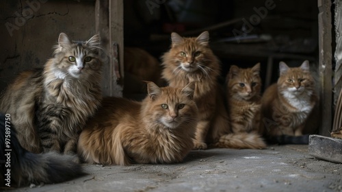 LaPerm with other cats, wide shot.  photo