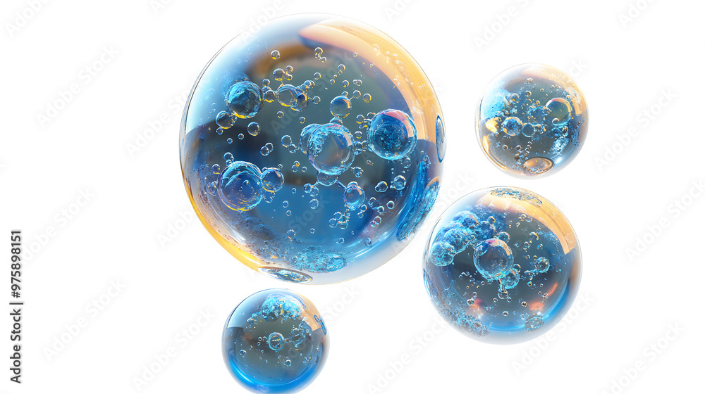 Set of 3D Blue oil bubble with molecules inside isolated on transparent background Set of 3D Blue oil bubble with molecules inside isolated on transparent background