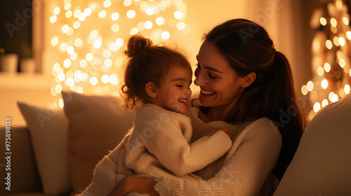 mother holding her daughter on a sofa, with both facing each other and sharing warm smiles. The setting should be a relaxed and homely living room, with gentle lighting to highligh photo