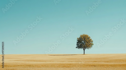 A minimalist landscape scene with a lone tree standing in a vast, open field under a clear sky