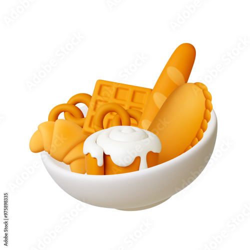 White realistic bowl with fresh bread. Bakery products, pastries and baguette. Soft tasty roll bun with creamy, croissant, bretzel, food vector 3d element