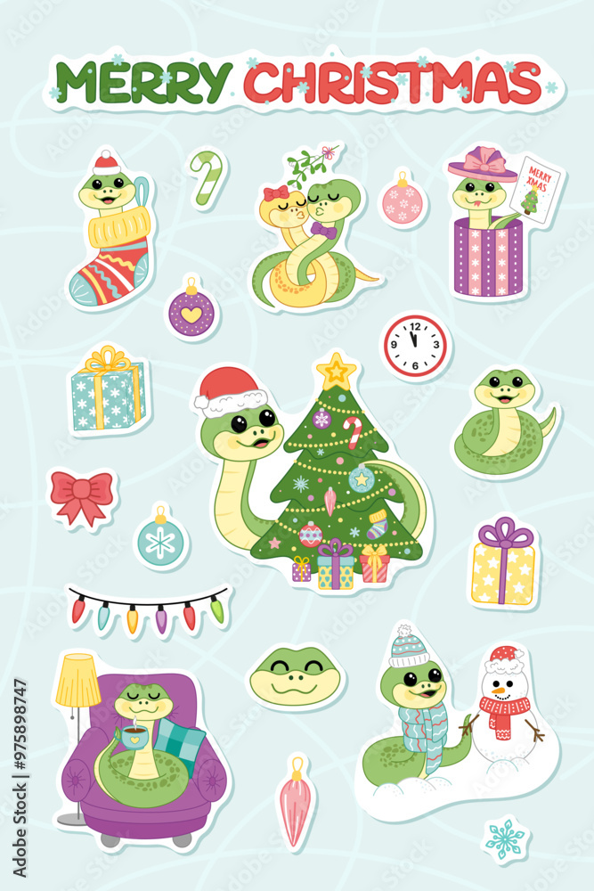 Merry Christmas sticker set with cute snake. Cozy Christmas stiker pack. Cartoon, vector Merry Christmas sticker set with cute snake. Cozy Christmas stiker pack. Cartoon, vector