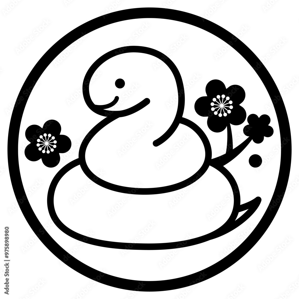 Φωτογραφία 巳年の年賀状素材　丸にかわいいヘビと梅のイラスト　白黒