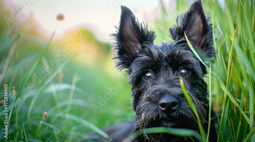 Scottish Terrier with grass, macro shot.  photo