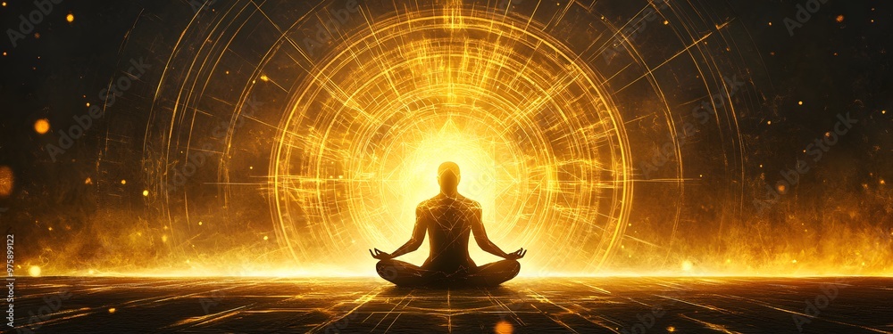 A meditating figure surrounded by an aura of golden light, radiating energy and spiritual power. A meditating figure surrounded by an aura of golden light, radiating energy and spiritual power.