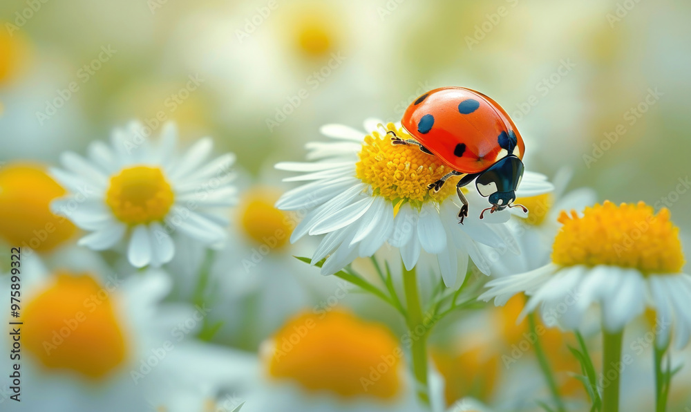 Fototapeta premium Ladybug on the chamomiles flower, spring background
