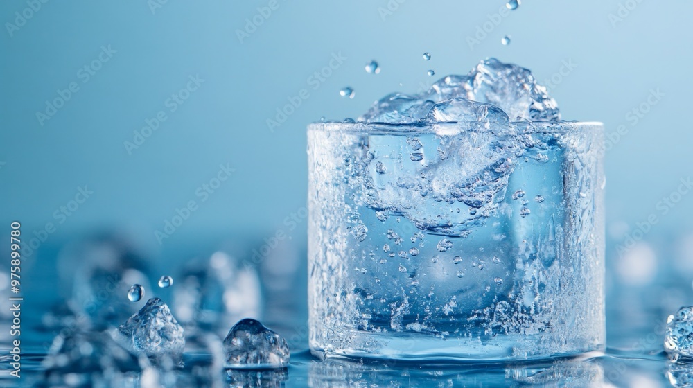Product partially encased in ice, with melting effects and water droplets adding dynamic movement and a sense of freshness Product partially encased in ice, with melting effects and water droplets adding dynamic movement and a sense of freshness