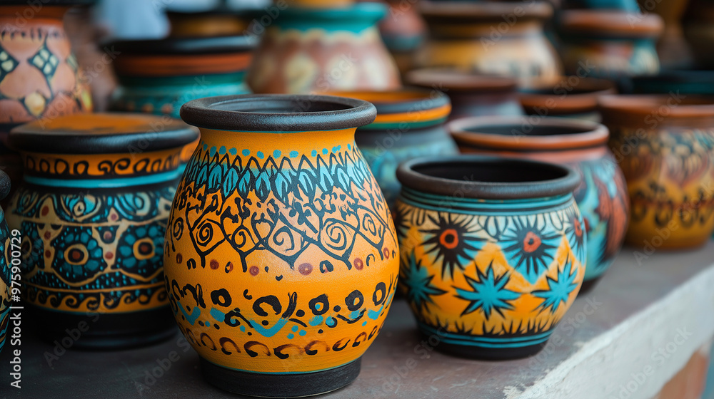 Traditional Pottery, colorful handcrafted clay pottery with intricate patterns, with copy space, Latin America Traditional Pottery, colorful handcrafted clay pottery with intricate patterns, with copy space, Latin America