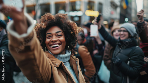 A young woman with curly hair taking a selfie in a bustling city street during sunset