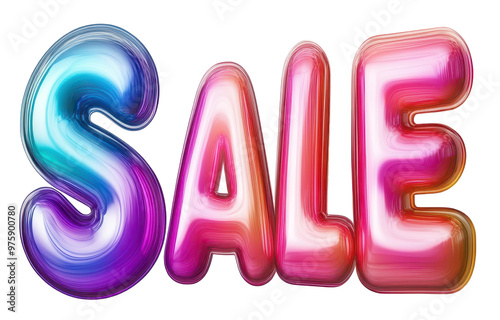 Colourful inflated sale text with shiny finish on transparent background