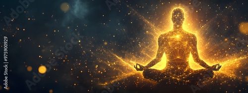 A meditating figure surrounded by an aura of golden light, radiating energy and spiritual power.