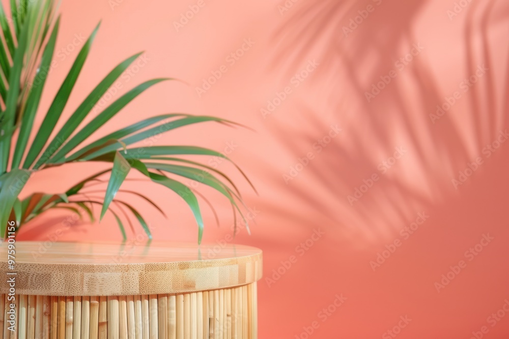 Obraz premium Wooden podium with a natural bamboo texture, placed against a coral backdrop. Palm leaves and their shadows create a tropical, relaxed ambiance, ideal for a nature-inspired product display