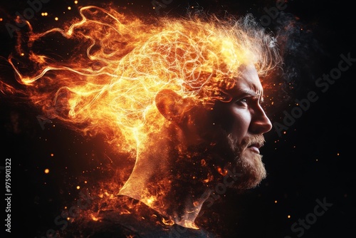 Fiery side profile of a man with glowing orange flames surrounding his head symbolizing power intensity and transformation in a dynamic elemental setting