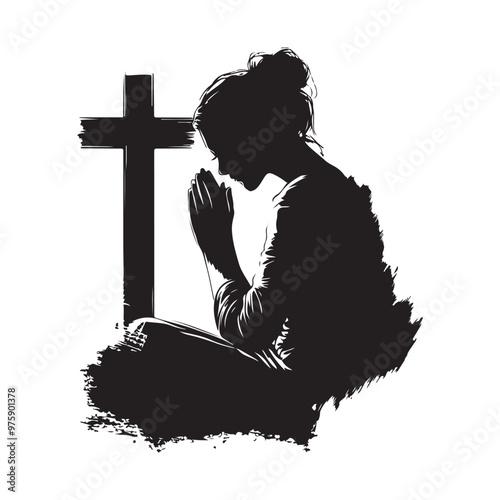 Praying Woman Silhouette Cross Stock Illustrations isolated on white background