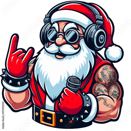 Brutal Santa in headphones listens to hard rock, colored vector, isolated, transparent background  