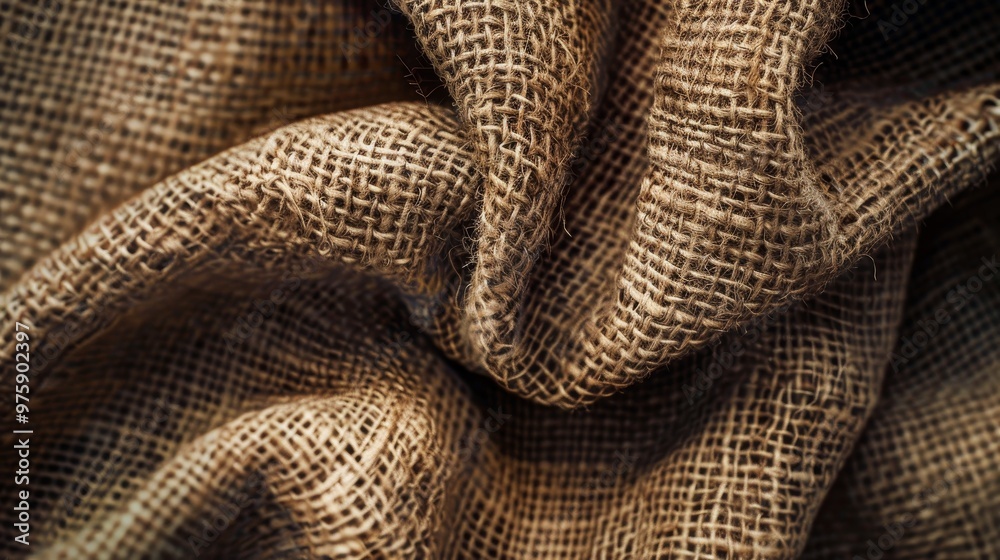 Textured burlap fabric draped gracefully with natural earthy tones highlighting its woven pattern and soft folds in warm lighting