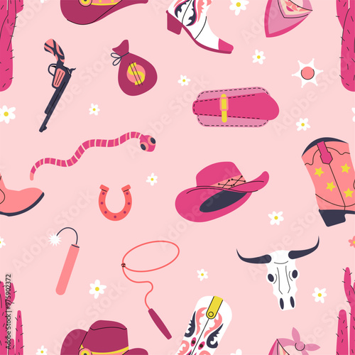 Cowgirl wild west elements seamless pattern. Pink female cowboy boots and hats, cactus gun, sheriff star. Vibrant print design, vector background