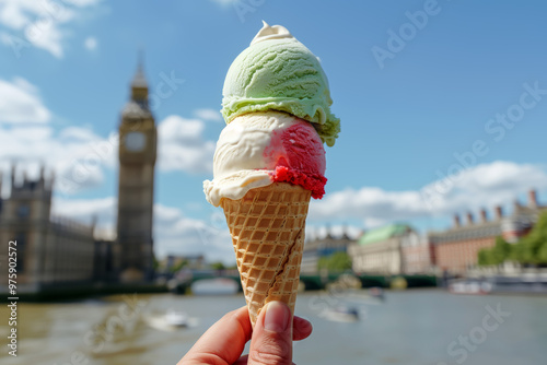 A hand holds a waffle cone filled with scoops of colorful ice cream on a city background photo