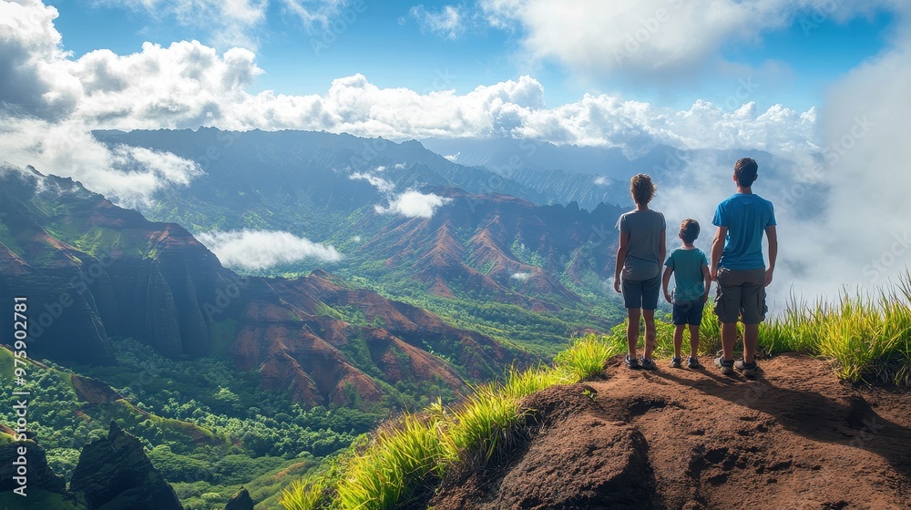 Three children stand on a mountain overlook, gazing at the lush valley and breathtaking landscape under a bright sky. Three children stand on a mountain overlook, gazing at the lush valley and breathtaking landscape under a bright sky.
