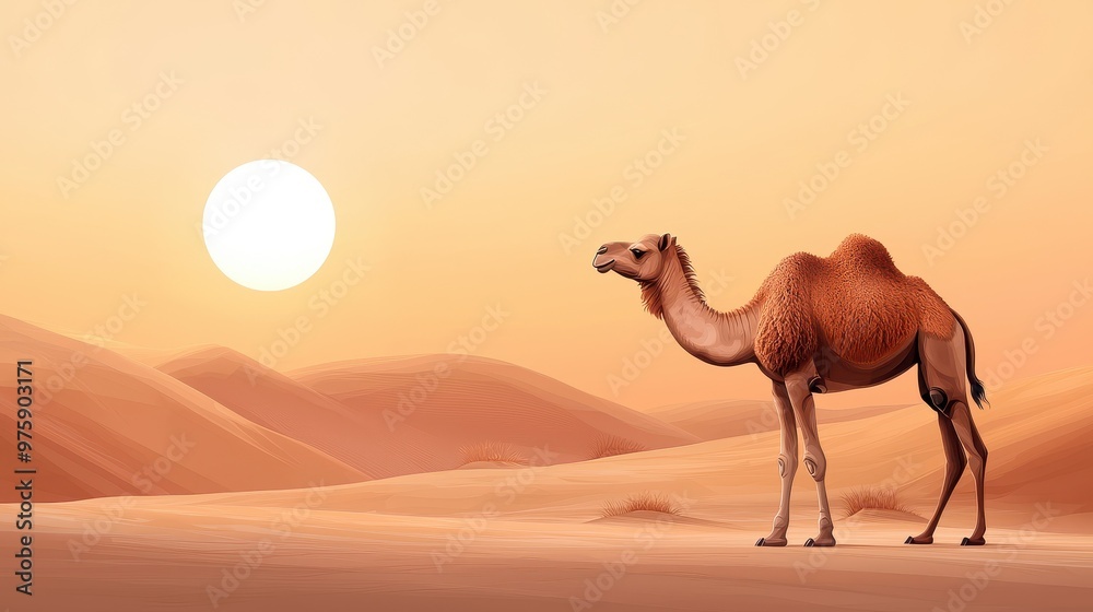 A serene image of a camel standing in a desert landscape under a warm sunset, capturing the beauty of nature. A serene image of a camel standing in a desert landscape under a warm sunset, capturing the beauty of nature.