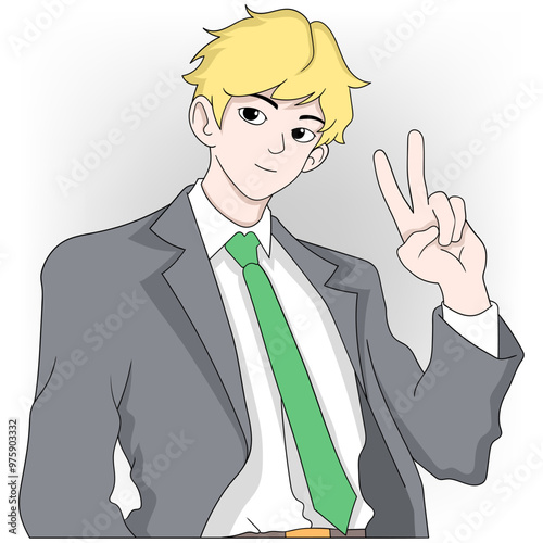 businessman boy salutes with two fingers showing what to do to achieve success photo