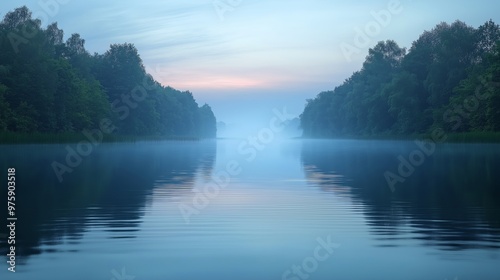 Tranquil lake at dawn, misty water reflecting soft pastel skies.