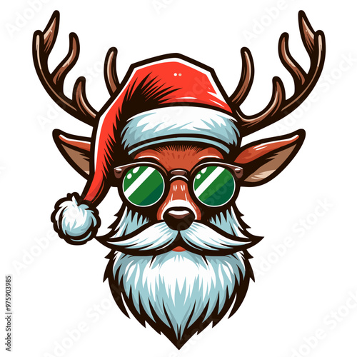 New Year and Christmas art, deer in New Year's glasses, on a Santa’s hat and with a beard, colored vector, isolated, transparent background