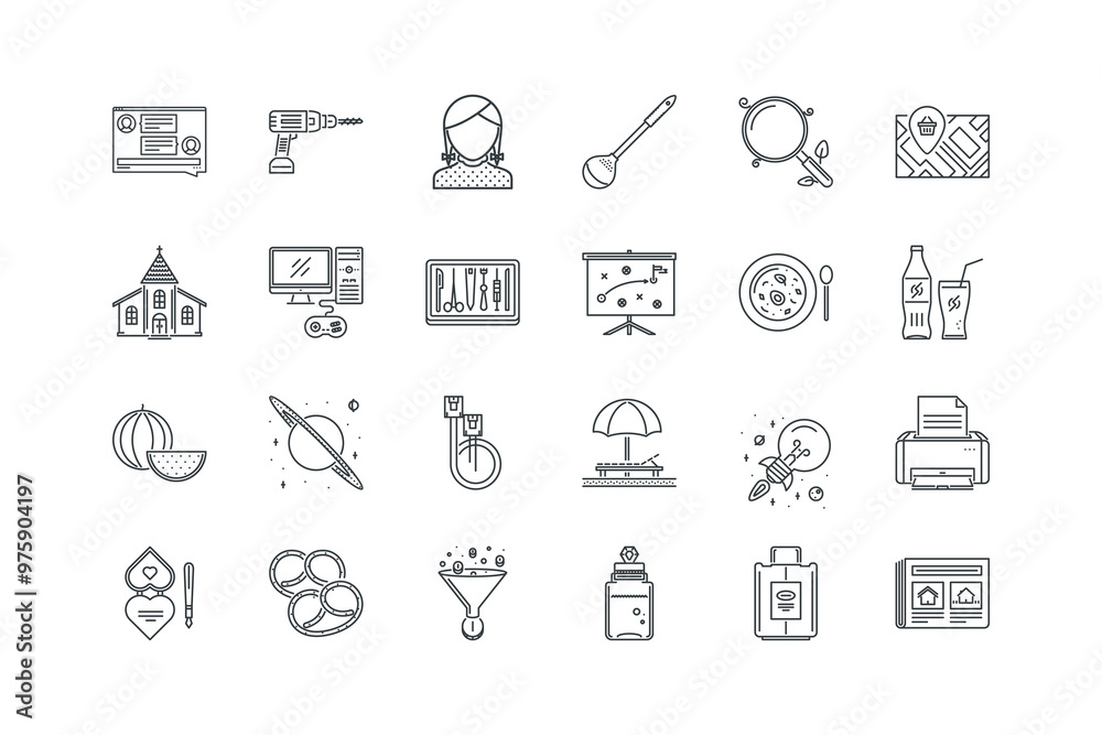 Church, Drill, Hairstyle, Ladle, Magnifier, Map, pin, Messenger, vector illustration, set of icons for web design Church, Drill, Hairstyle, Ladle, Magnifier, Map, pin, Messenger, vector illustration, set of icons for web design
